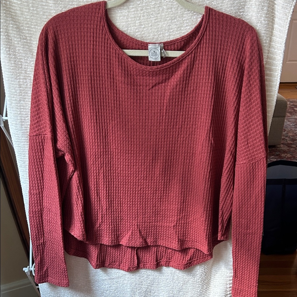 Paper Crane Long Sleeve Waffle Knit Top - Red